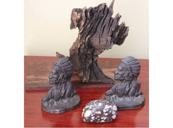 Vintage Indian Head Bookends & Driftwood On Stand Shaped Like A Dog