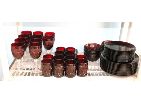 Collection Of Cranberry Colored Glassware & Plates As Pictured