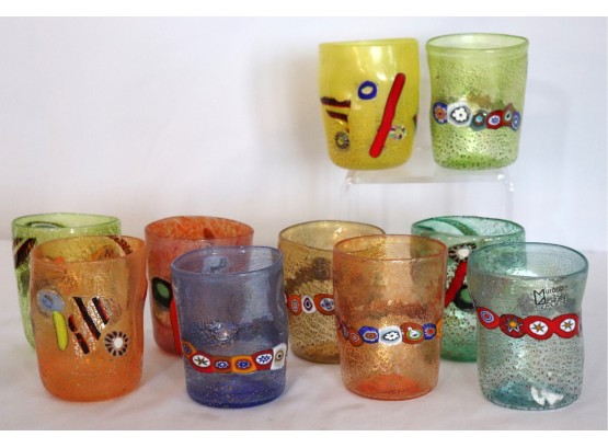 Collection Of 10 Colorful Hand-Blown Murano Design Venezia Glasses