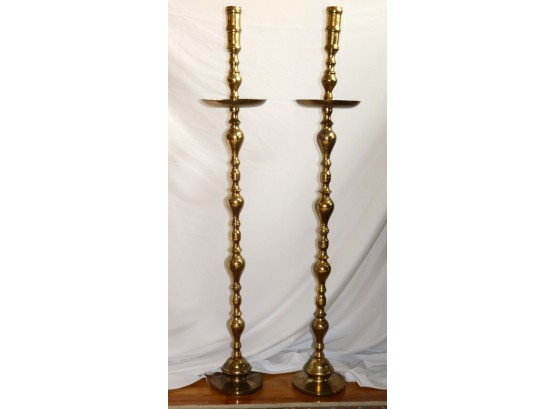 Pair Of 5-Foot-Tall Ornate Brass Candlestick Holders, Amazing Accent Pieces For Your Home Decor