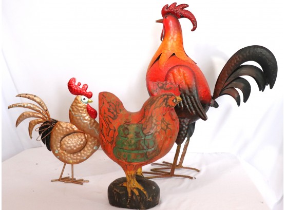 Large Metal Rooster With Beautiful Bright Colors, Small Metal Rooster Sculpture & A Painted Carved Wood Ro