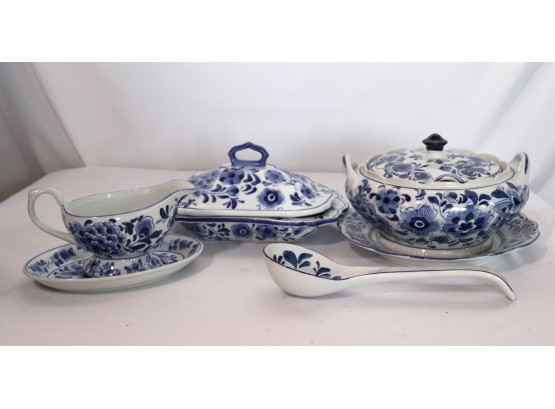 Pretty Collection Of Blue & White Dishware Includes Casserole Dish, Soup Tureen, Gravy Boat & Ladle