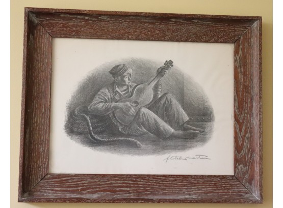 Pencil Signed Artwork Of A Man Playing The Guitar