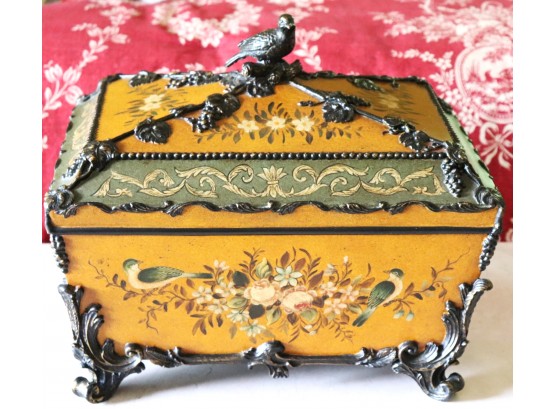 Large Trinket Box With Ornate Metal Casing & Songbird Accent Perched On The Top