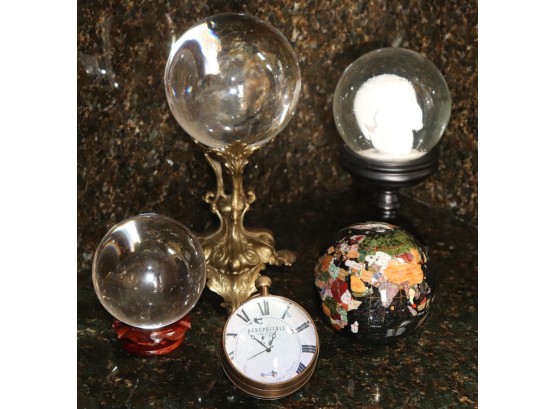 Collection Of Assorted Decor Includes Assorted Globes, Globe On Brass Stand, Skull Snow Globe