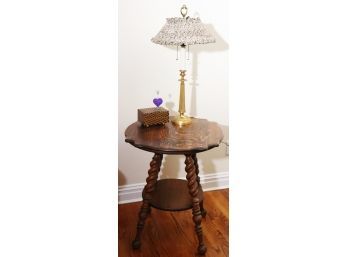 Vintage/Antique Wood Tiger Oak Wood Table, Includes Small Wood Box & Vintage Table Lamp On A Brass Base