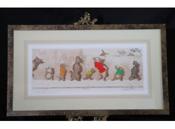Boris O'Klein Signed Print Of A Humorous Dog Scene Includes A Beautiful Ornate Brass Picture Easel/Stand