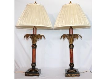 Pair Of Pretty Painted Metal Table Lamps With Asian Detailing & Pleated Shades, Interesting Design
