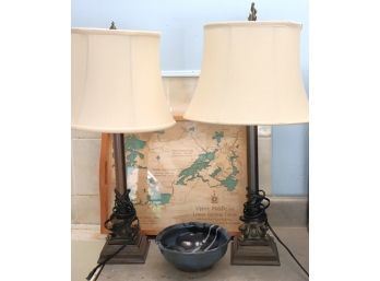 Table Lamps With A Really Pretty Carved Art Piece Tray 3 Dimensional Saranac Lakes, Signed  Pottery Bowl