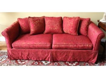 Pretty Elegant Custom Sofa With Red & Gold Tone Stitched Fabric, Includes Decorative Accent Pillows