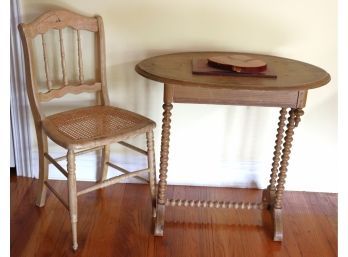 Antique Country Rustic Side Table With Turned Spindle Legs And Finial Detail, Includes Small Chair