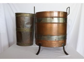 Large Copper/Tin Forged  Fisherman Basket Umbrella Holder & Large Copper Basket On A Stand With Handles