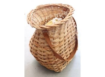 Woven Wicker Fish Basket With A Leather Strap