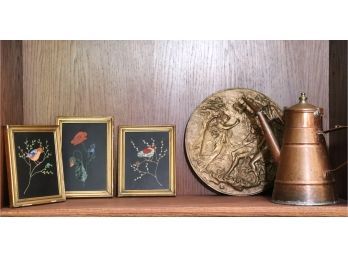 Decorative Collectibles Include Copper Kettle, Embossed Brass/ Metal Wall Plate Lovers Garden Scene, Sma