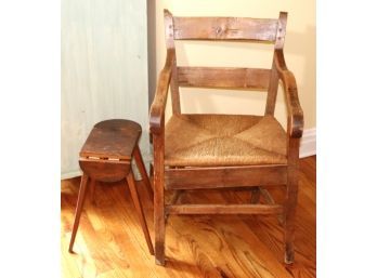 Antique Wood Chair That Has A Repair On The Back As Pictured With Woven Rush & Small Drop Leaf Stool
