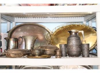 Hand Forged Brass Serving Tray Large Lot Of Assorted Plated Items , Shows Tarnish Includes A Large