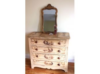 Vintage Rustic Wood 4 Drawer Chest. With A Stencil Design On The Front,  Includes A Vintage Wood Mirror &
