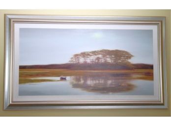 Majestic Lake Scene Painting Signed By The Artist Amazing Use Of Light & Shadow, Quality Frame With A Linen