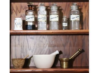 Vintage Glass Pharmaceutical Bottles & Mortar And Pestle Sets