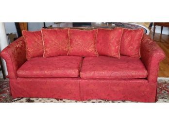 Elegant Custom Sofa With Red & Gold Tone Stitched Fabric, Includes Decorative Pillows Quality Custom Fabri