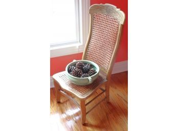 Antique Cane Wood Chair, Large Crackle Finish Centerpiece Bowl With A Crackle Finish