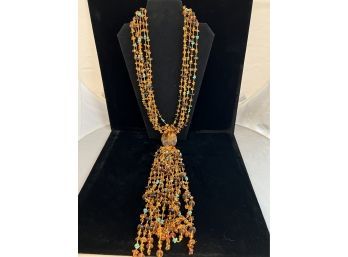 Fabulous Amber And Turquoise Beaded Necklace Five Strands With Large Amber Stone