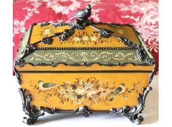 Large Trinket Box With Ornate Metal Casing & Songbird Accent Perched On The Top