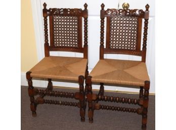Pair Of Vintage Woven Rush Chairs With Caning. Scrolled Detailing As Pictured. Carved Floral Detailing