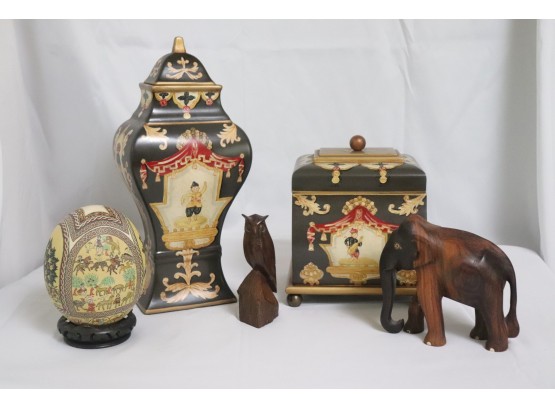 Lot Of Decorative Items With Painted Urn & Box, Embellished Ostrich Egg & 2 Carved Wood Animal Figurines