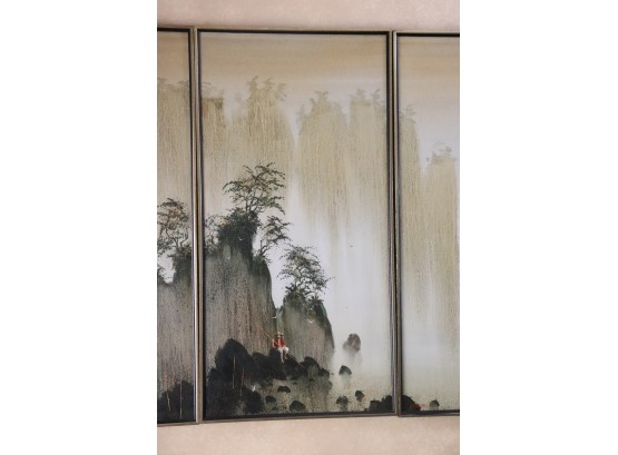 Triptych Painting Of Mesmerizing Stone Outcroppings On Asian River Signed R.E. Rinell