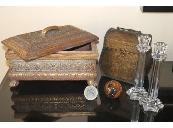 Decorative Box-with Crystal Candlesticks, & Glass Paperweights