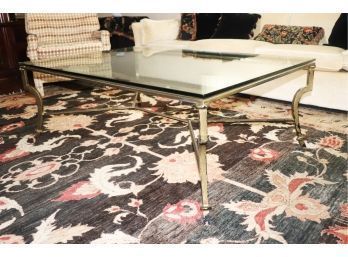 Large Contemporary Coffee Table In Gilt Wrought Iron Finish & Thick Glass Top