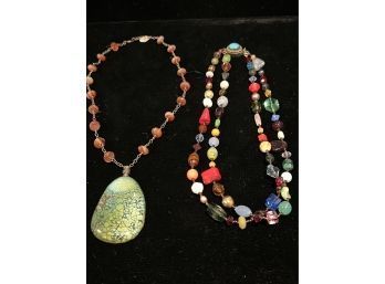 Gara Danielle Pendant With Detailed Veins Plus Beaded Colorful Necklace And Sterling Clasp