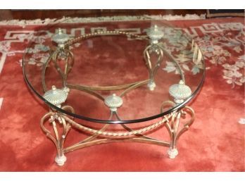Classical Style Oval Coffee Table With Wrought Iron Base & Glass Top