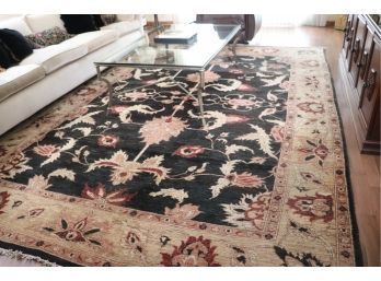 Dramatic Hand-Woven Area Rug / Carpet With Gold Lotus Flowers On Black Background