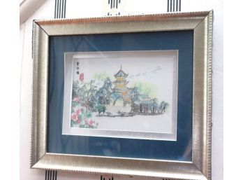 Signed Silk Needlework Featuring A Pagoda & Flowers In Silver Frame