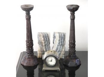 Carved Wood Candlesticks With Striated Onyx Bookends And Seth Thomas Quartz Clock