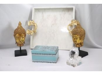 Marble Tray With Gold Handles, 2 Gilt Buddha Heads, Porcelain Box & More