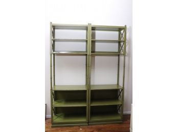 Vintage Faux Bamboo Attached Double Bookcase In Olive Green Painted Wood