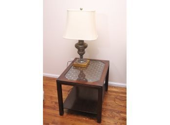 Dark Wood Side Table With Lattice Work Top & Urn Style Table Lamp