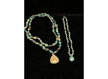 Pretty 38' JEN STOCK Stone Bead Necklace With Goldtone Buddha Medallion  And 16' Necklace