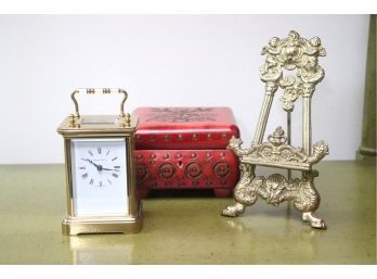 Tiffany & Co. Swiss Made Carriage Clock, Small Brass Easel & Surprise Carved Box