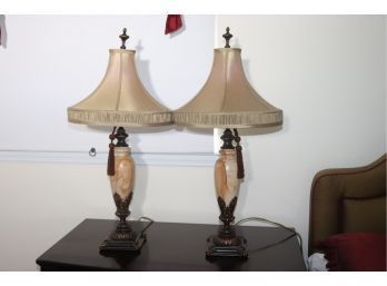 Pair Of Neoclassical Style Faux Marble Lamps With Stylish Shades