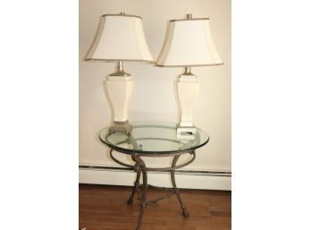 Wrought Iron Side Table With Glass Top & Pair Of Porcelain Lamps With Craquelure Finish & Custom Shades