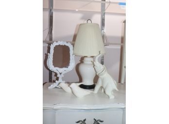 Menagerie Of Porcelain Animals By Sonja & Ginger Jar Lamp With Dainty Table Mirror