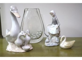 Lladro Rabbits Food Figurine, Etched Glass Vase, Ducks Figurine & Belleek Swan