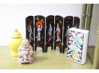 Asian Decorative Items With Lacquered Screen, Buddha, Mikasa Vase & Ginger Jar