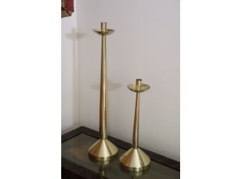 Pair Of Tall Modernist Style Gold Tone Candlesticks