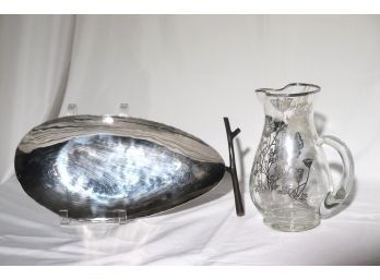 Glass Pitcher With Silver Overlay & Michael Aram Silver Plated Serving Dish