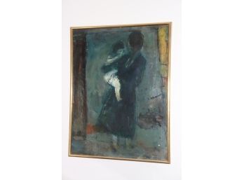 Moody Painting Of Mother & Child In Shades Of Deep Blue In Original Gold Frame